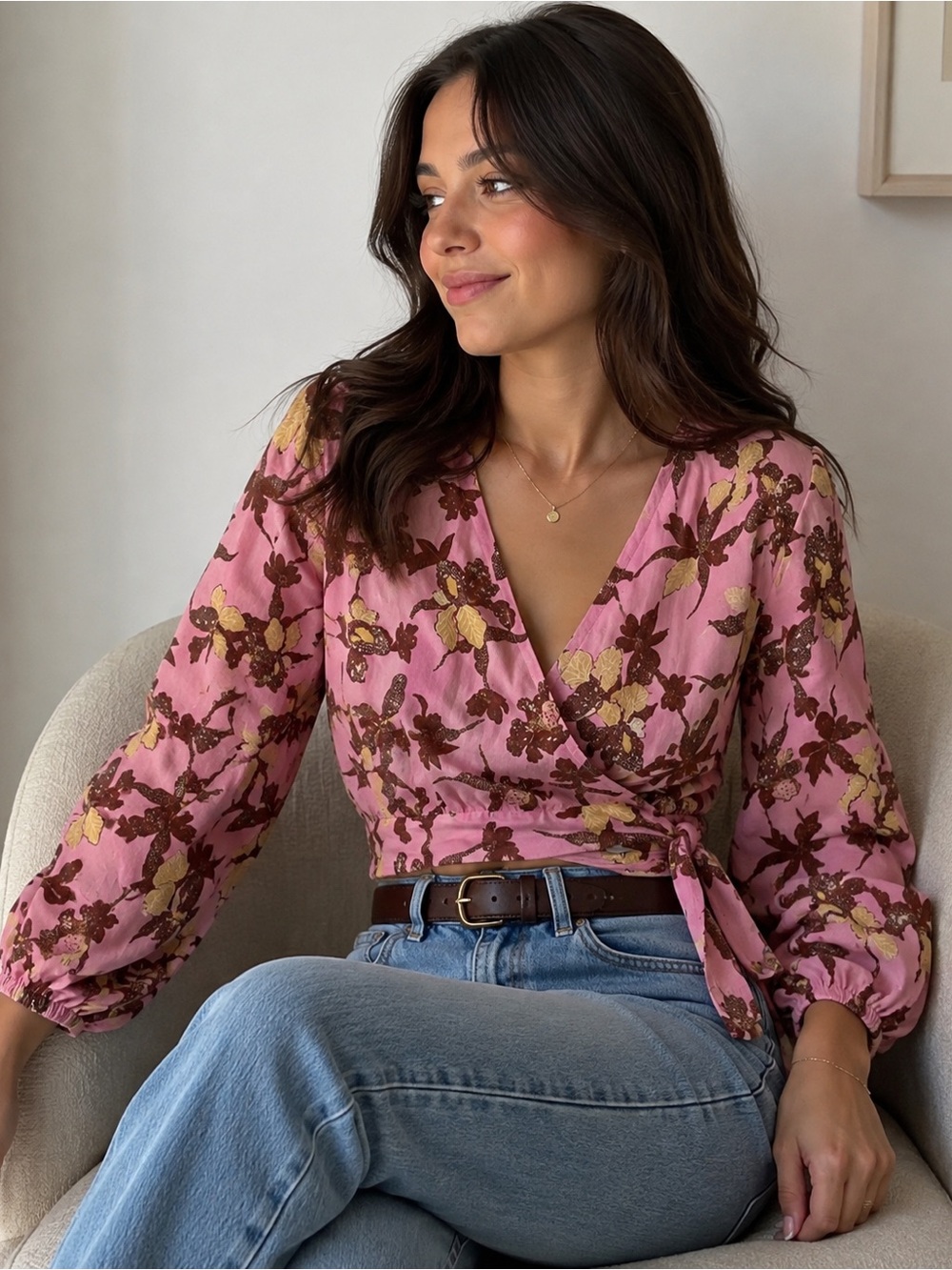 Pink Floral Wrap Blouse with Tie-Waist and Balloon Sleeves